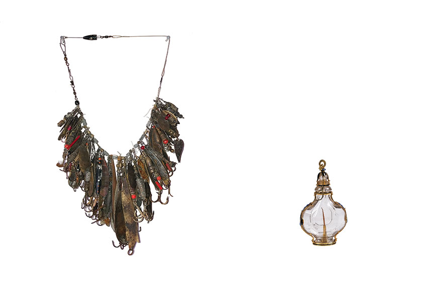(left) Bernard Schobinger, «Mermaid's Wedding II», 2012. Necklace (old metal fishing tools, hooks, samples, nylon, plastic). Photography and Courtesy: Galeria S O. (right) Holy Thorn Reliquaryof Christ´s Crown, Portugal 1600. Pending Reliquary (rock crystal, gold and enamels). Museu de São Roque collection, inv.1289 © SCML