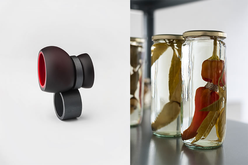 (left) Paolo Marcolongo, «Corridoio Rosso», 2019. Ring (murano blown glass, silver).  Photography: Alberto Petrò. (right) Hilde De Decker, «For the Farmer and the Market Gardener», 2020. Preserved jars with jewelry (jewelry, vegetable, vinegar and label). Photography: Hilde De Decker